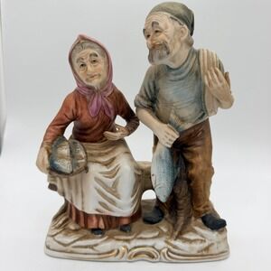 Vintage Peasant Fisherman & Wife Porcelain Figurine 8" Couple Bench Rustic Decor